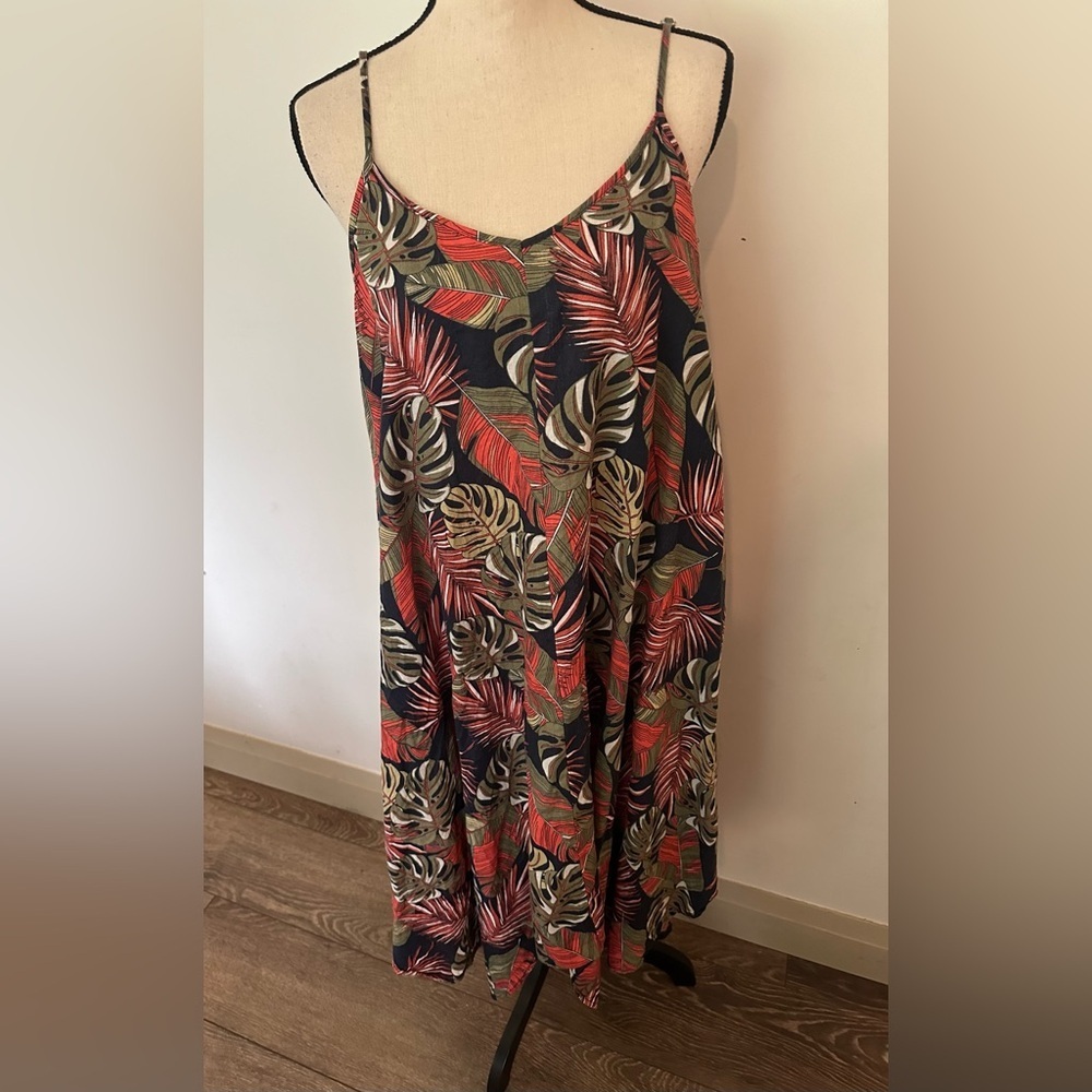 Time and Tru linen cotton botanical leaf maxi/midi dress swing style SZ XL